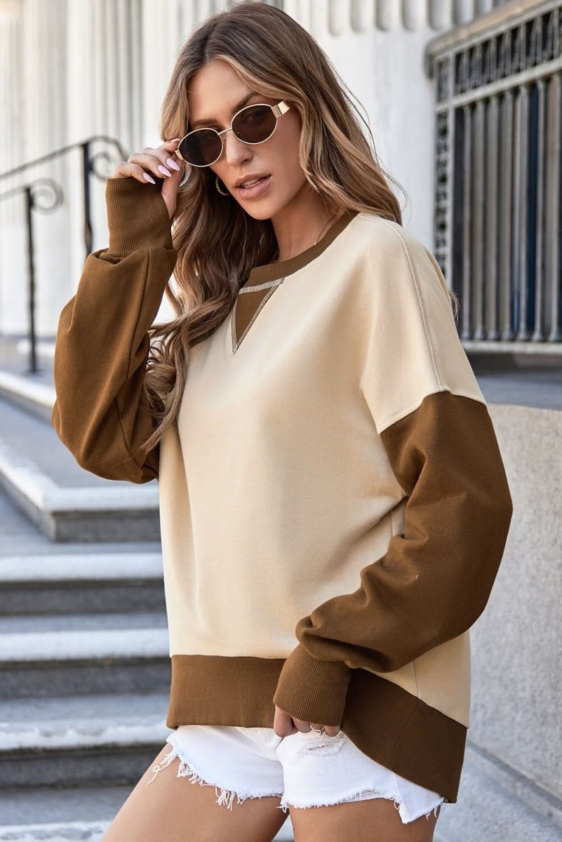 Apricot Color Block Thumbhole Sleeve Drop Shoulder Sweatshirt - Love Salve